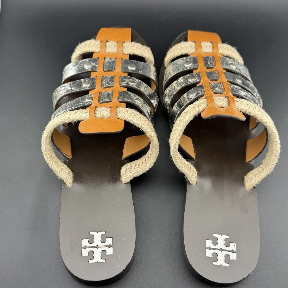 Tory Burch Fisherman Mule Sandal Brandy/Silver Leather Size 8 *See Closeup As-Is